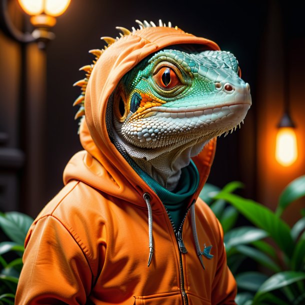 Foto de un lagarto en una sudadera naranja