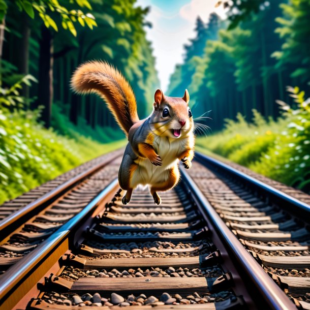 Pic of a jumping of a flying squirrel on the railway tracks