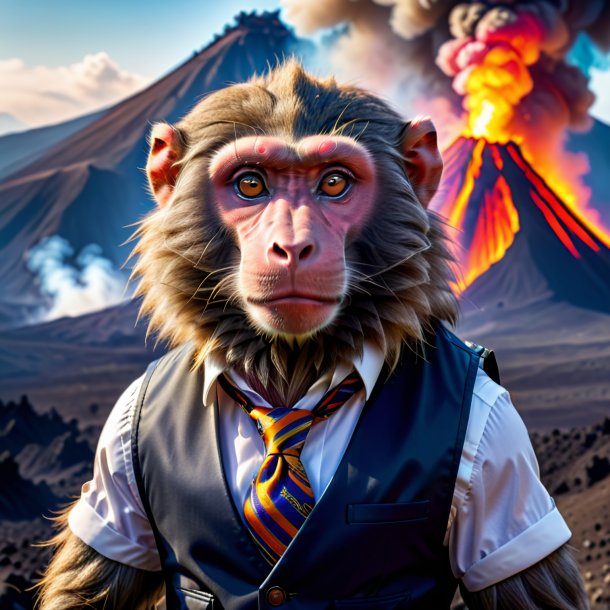 Photo of a baboon in a vest in the volcano