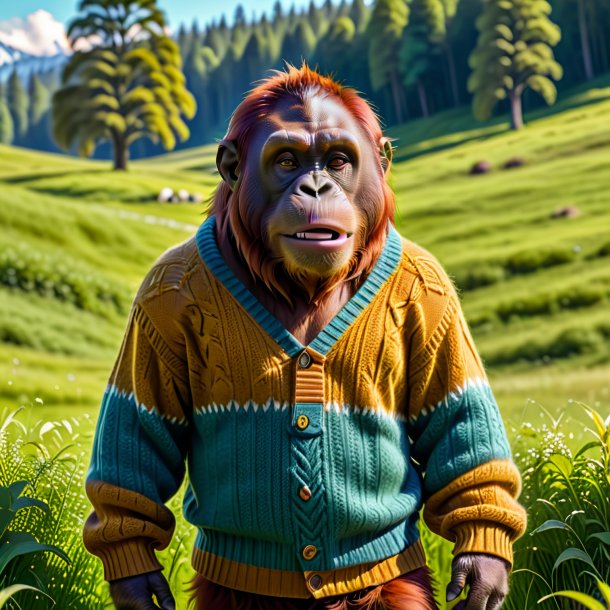 Pic of a orangutan in a sweater in the meadow