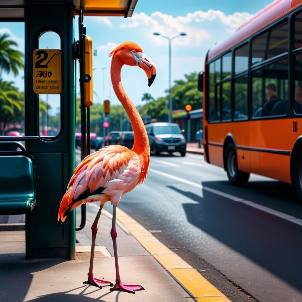 Picture of a flamingo in a belt on the bus stop