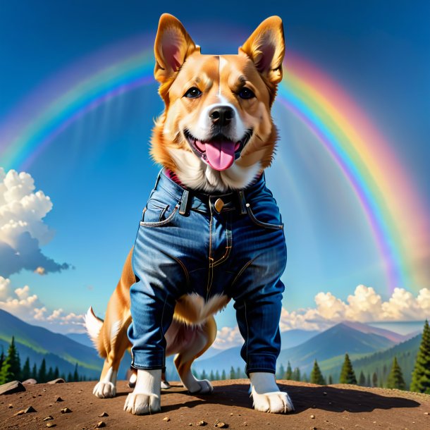 Image of a dog in a jeans on the rainbow