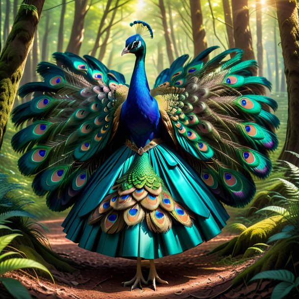 Photo of a peacock in a skirt in the forest