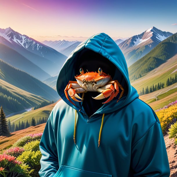 Image of a crab in a hoodie in the mountains