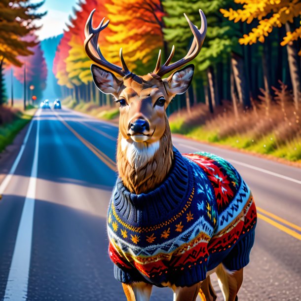 Photo of a deer in a sweater on the road