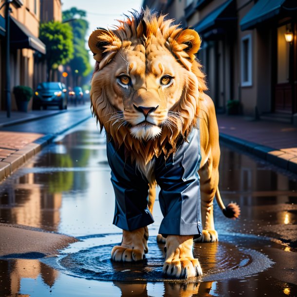 Photo of a lion in a trousers in the puddle