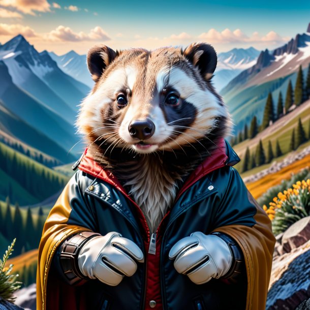 Image of a badger in a gloves in the mountains