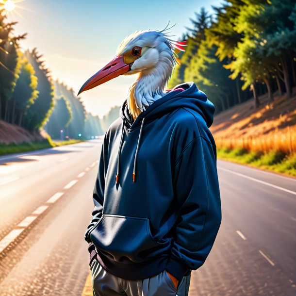 Image d'une cigogne dans un sweat à capuche sur la route