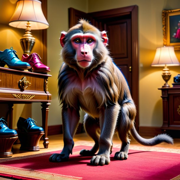 Image of a baboon in a shoes in the house