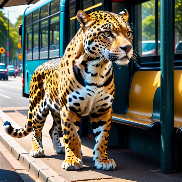 Imagem de um jaguar em uma calça no ponto de ônibus