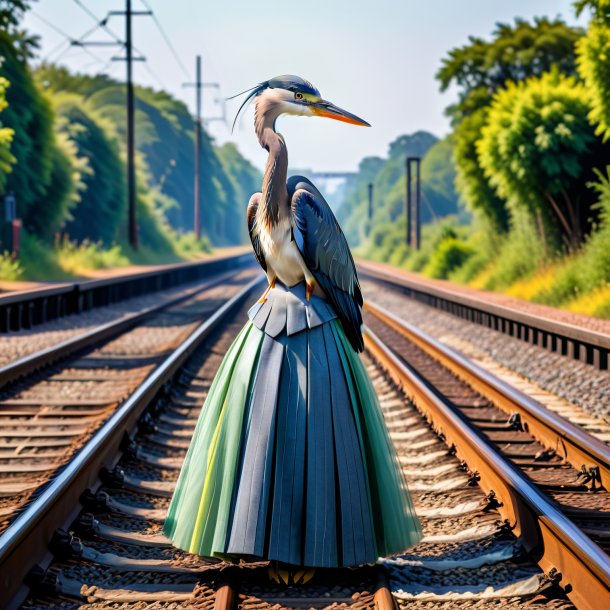 Uma garça em uma saia nos trilhos ferroviários