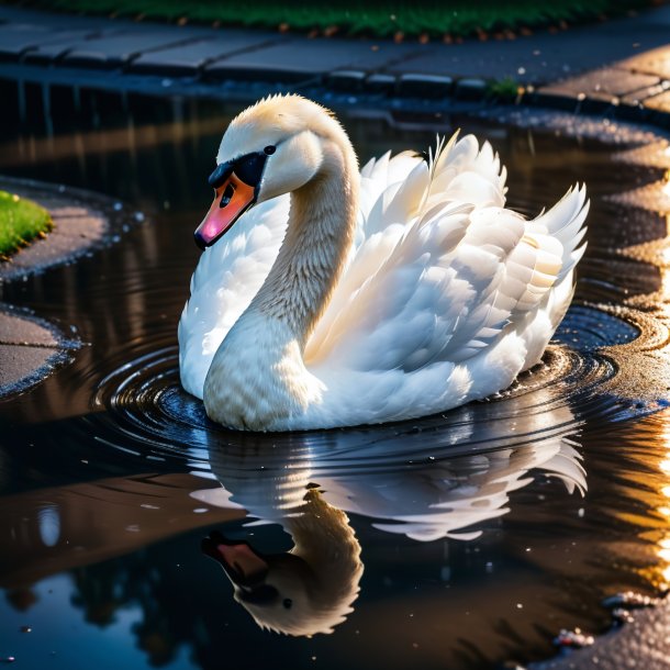 Image of a swan in a cap in the puddle