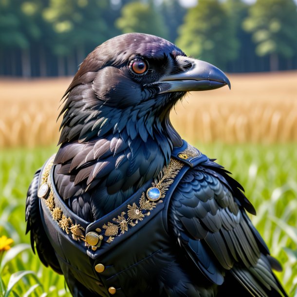 Image of a crow in a vest on the field