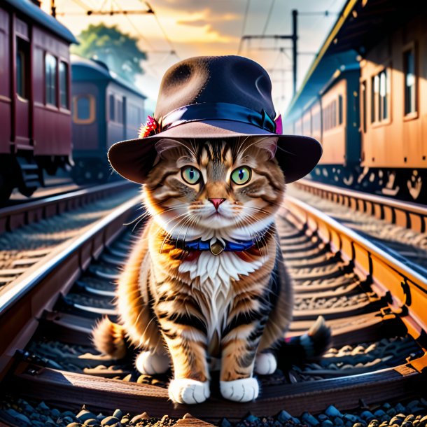 Image d'un chat dans un chapeau sur les voies ferrées