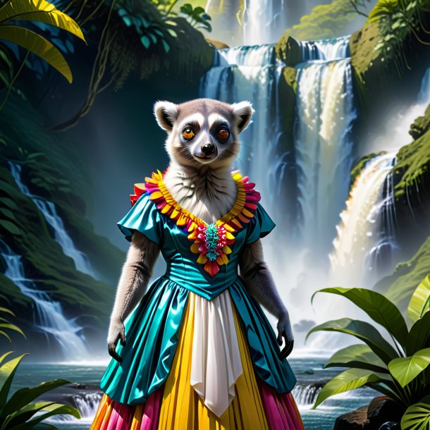 Illustration of a lemur in a dress in the waterfall