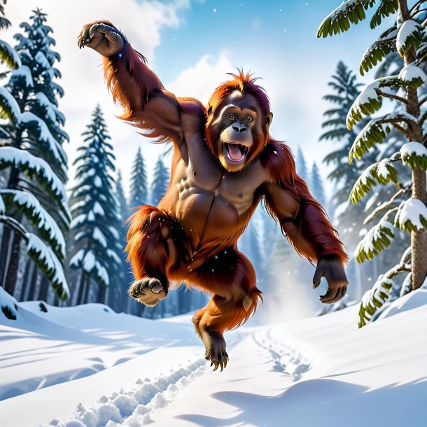 Photo of a jumping of a orangutan in the snow