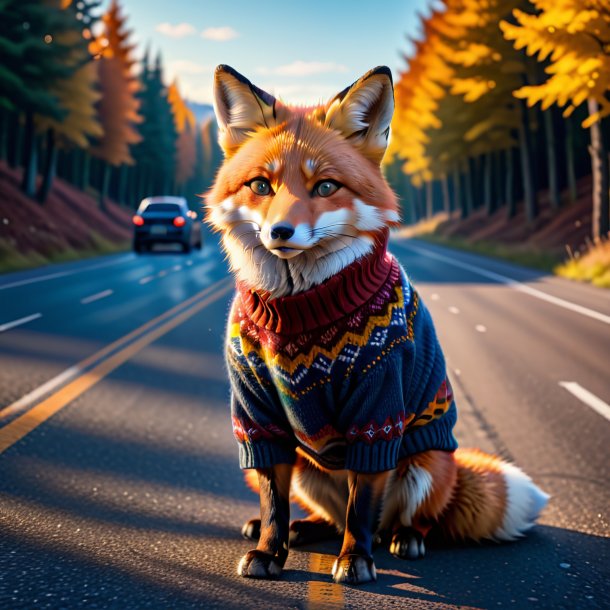 Pic of a fox in a sweater on the road