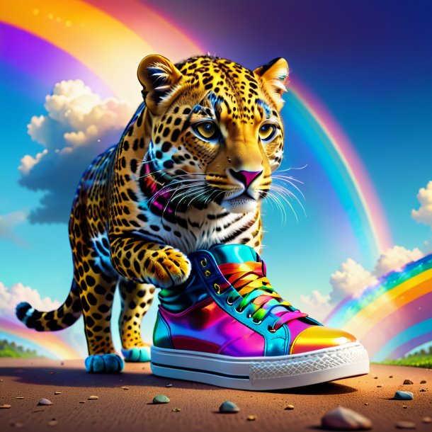 Illustration of a leopard in a shoes on the rainbow