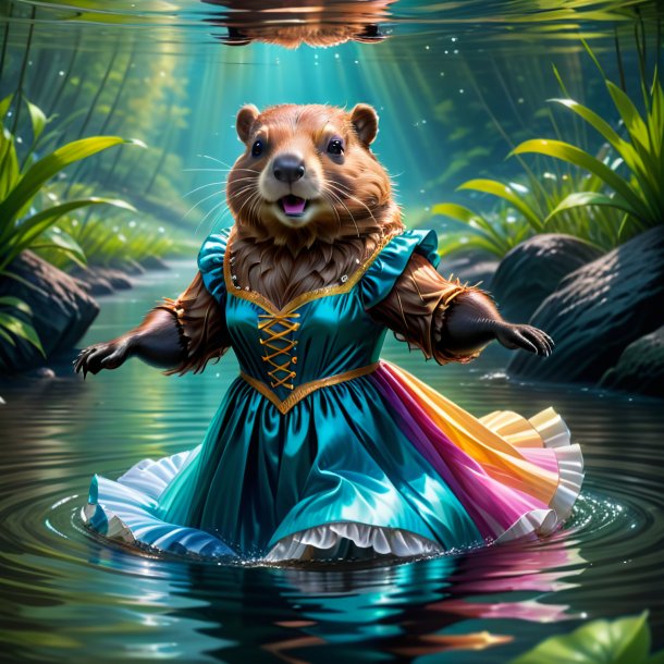 Drawing of a beaver in a dress in the water