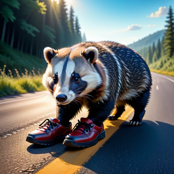 Pic of a badger in a shoes on the road