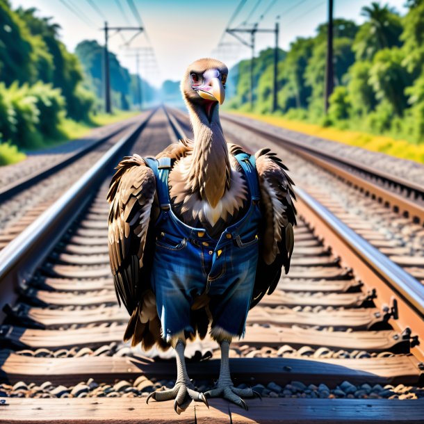 Photo of a vulture in a jeans on the railway tracks