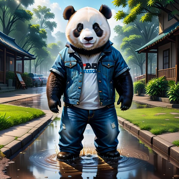 Drawing of a giant panda in a jeans in the puddle