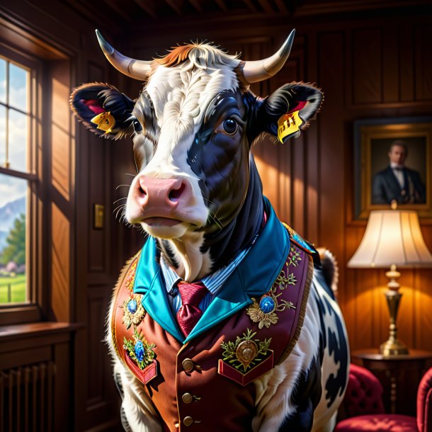 Picture of a cow in a vest in the house