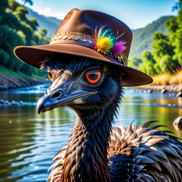 Photo of a emu in a hat in the river