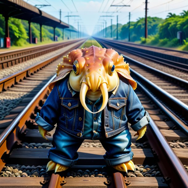 Imagen de una sepia en los vaqueros en las vías del tren