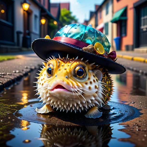 Picture of a pufferfish in a hat in the puddle