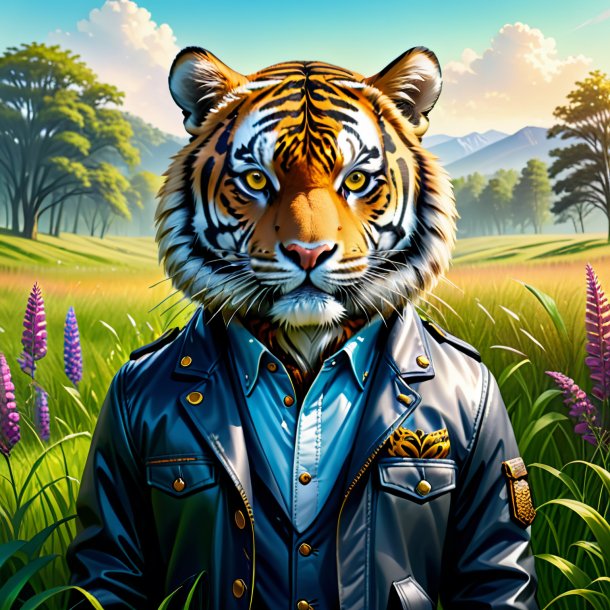 Illustration of a tiger in a jacket in the meadow