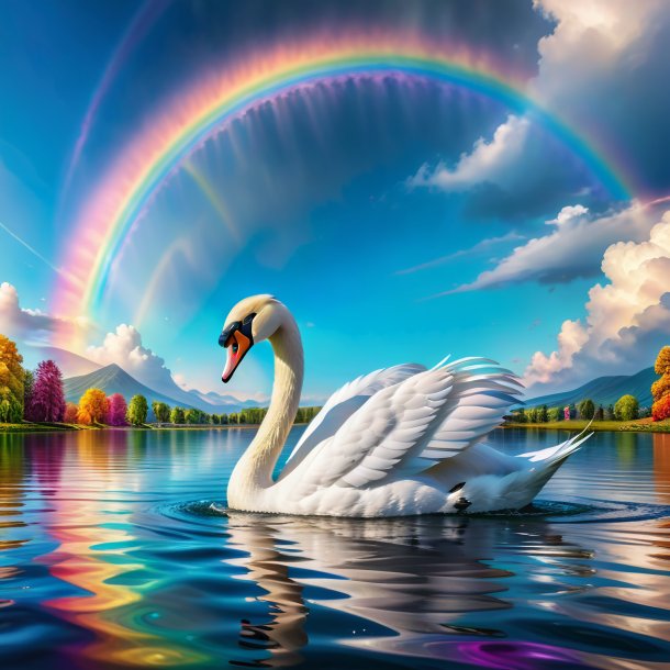 Picture of a swimming of a swan on the rainbow