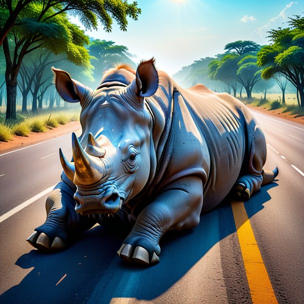 Pic of a sleeping of a rhinoceros on the road