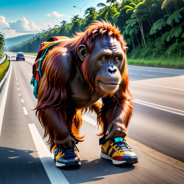 Image of a orangutan in a shoes on the highway