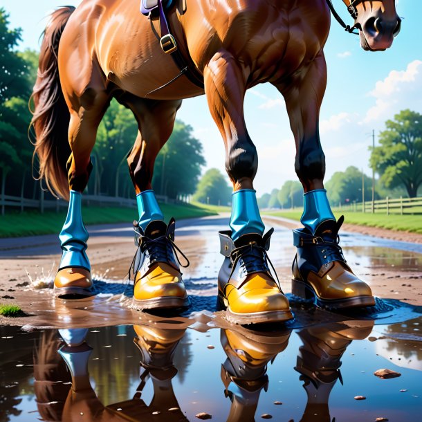 Dibujo del caballo en los zapatos en el charco