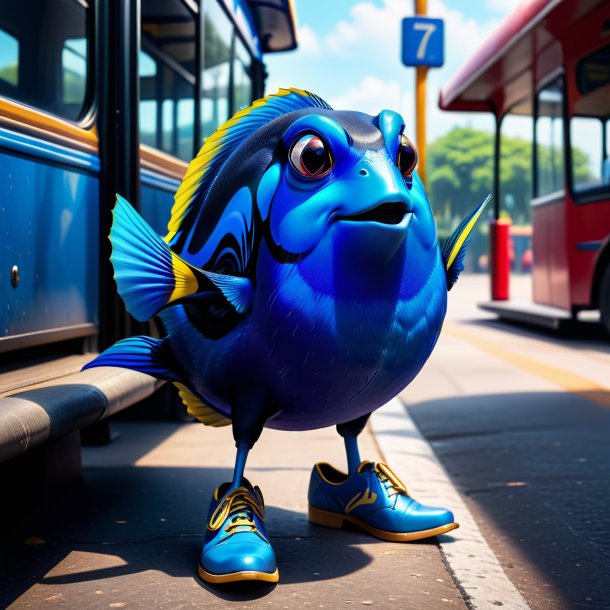 Foto de um tang azul em um sapatos no ponto de ônibus