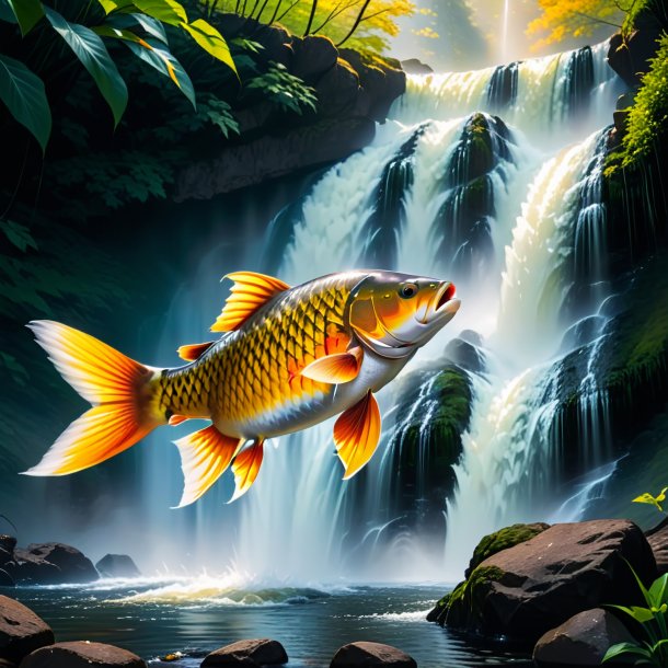 Image of a carp in a coat in the waterfall