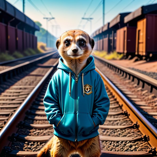 Imagem de um meerkat em um hoodie nos trilhos ferroviários