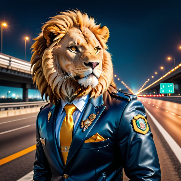 Picture of a lion in a jacket on the highway