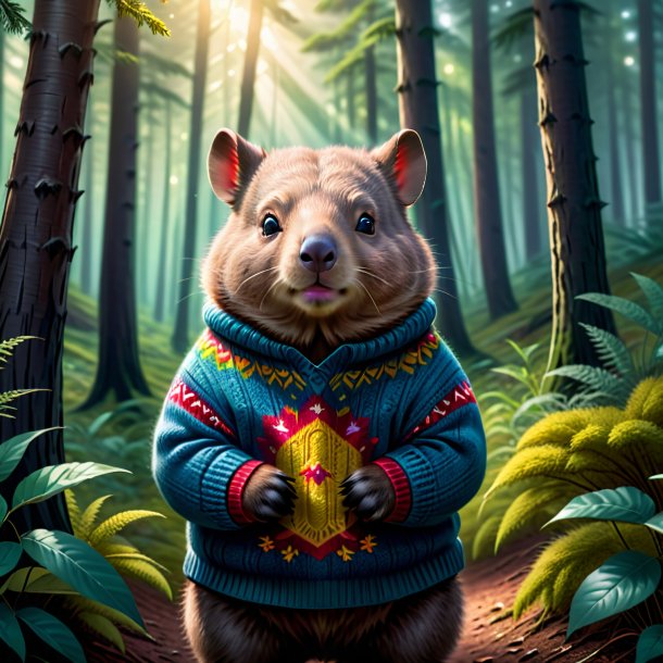 Ilustración de un wombat en un suéter en el bosque