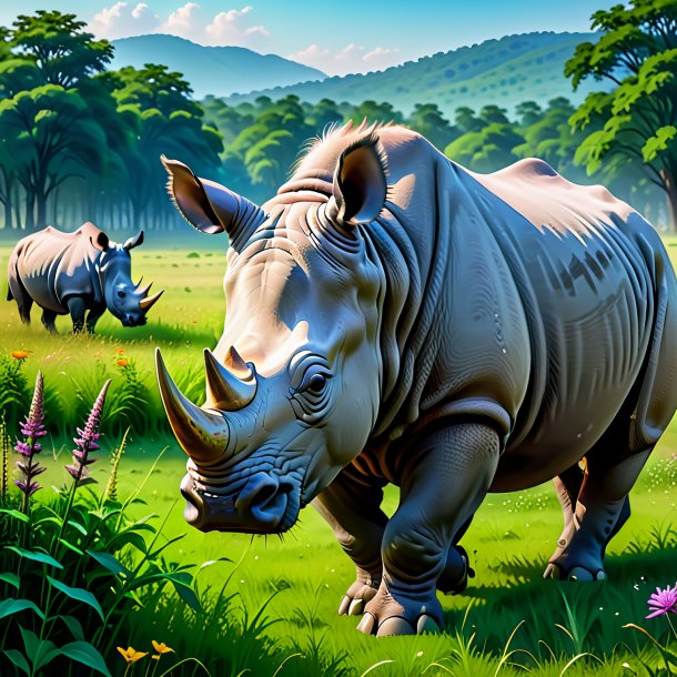 Picture of a playing of a rhinoceros in the meadow