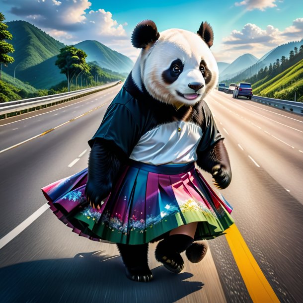 Drawing of a giant panda in a skirt on the highway