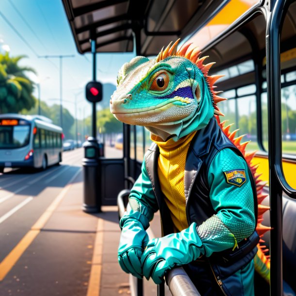 Imagem de um lagarto em uma luvas no ponto de ônibus