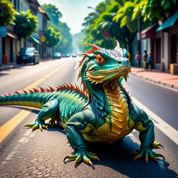 Picture of a waiting of a basilisk on the road