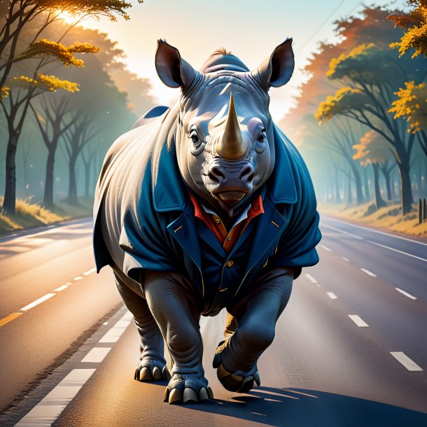 Illustration of a rhinoceros in a coat on the road