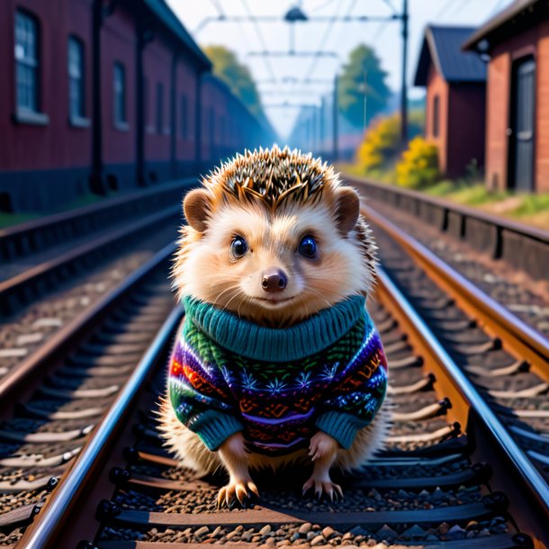 Foto de un erizo en un suéter en las vías del tren