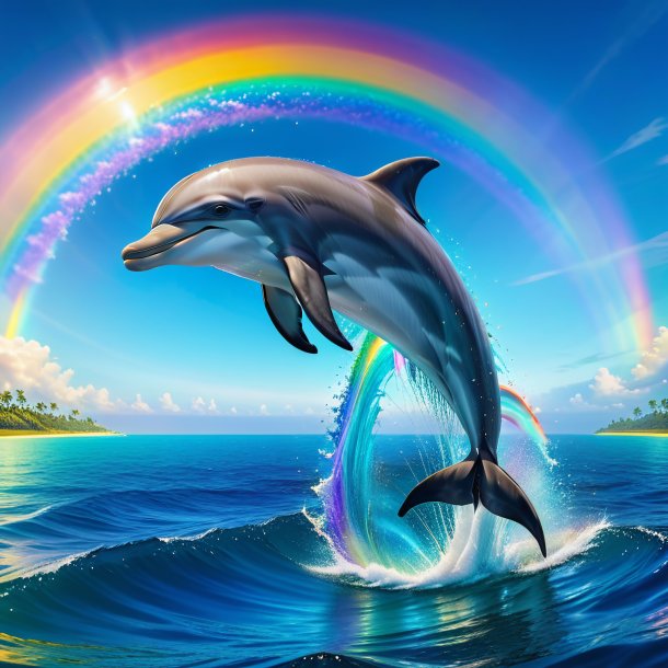 Image of a playing of a dolphin on the rainbow