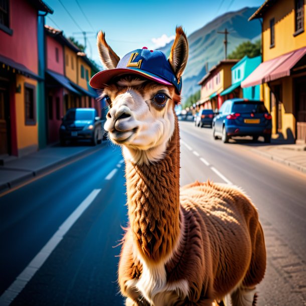 Image of a llama in a cap on the road