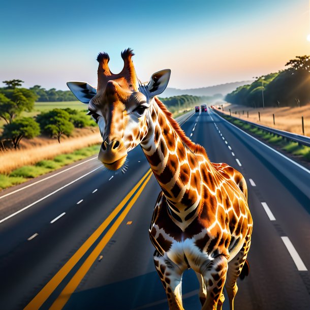 Image of a giraffe in a belt on the highway