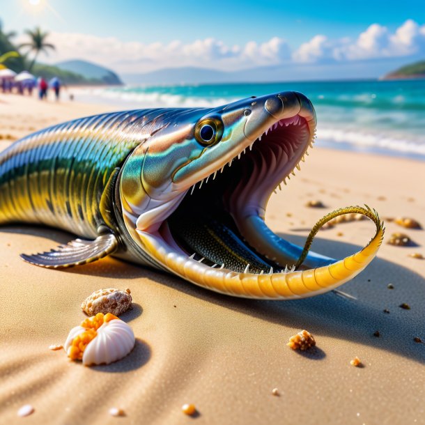 Foto de una comida de una anguila en la playa